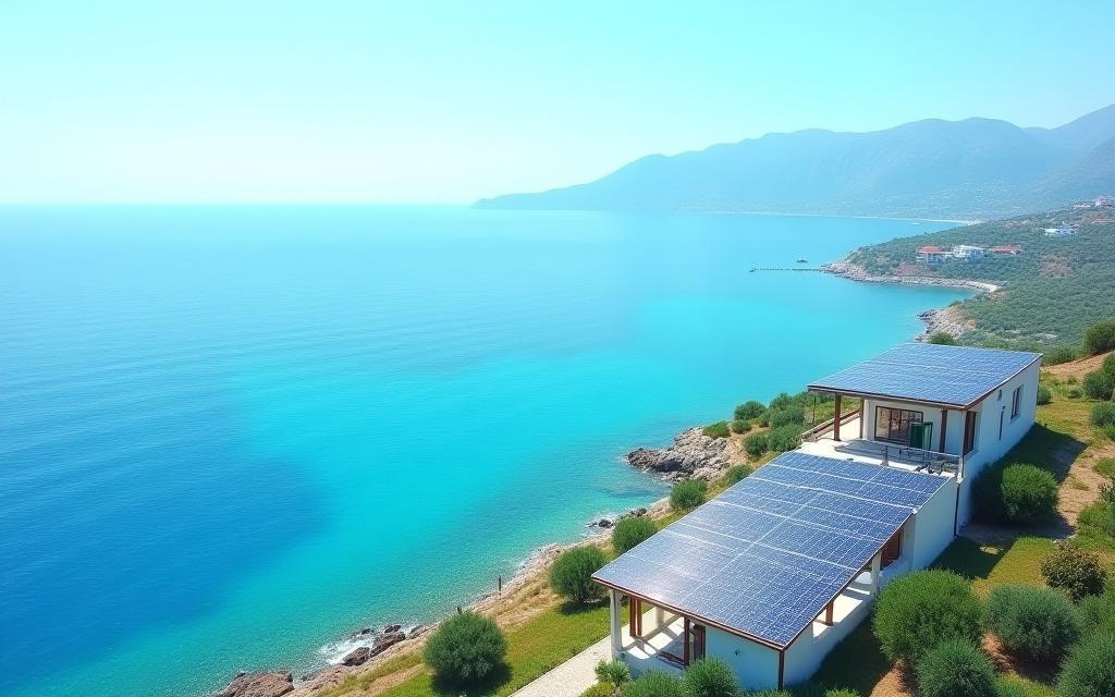 Ακτογραμμή του Αιγαίου με καθαρά νερά και ηλιακά πάνελ σε ξενοδοχείο.